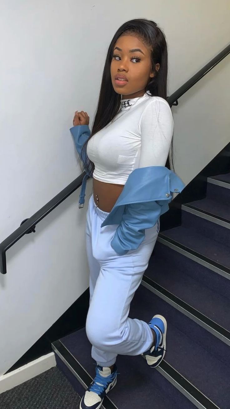 White Crop Top with Light Blue Joggers